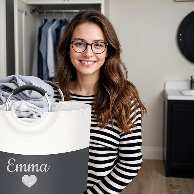 Personalized Laundry Basket, Embroidered Travel Laundry Hamper, Collapsible Laundry Baskets for College Dorm, Dirty Clothes Hamper, Waterproof Extra Large Laundry Bag with Handles with Name 90L-Beige