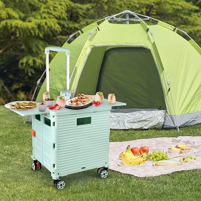 FELICON SELORSS Folding Utility Cart Portable Rolling Crate Handcart with Magnetic Sliding Lid Telescoping Handle Plastic Box Dolly 360°Swivel Wheels for Travel Shop Move Office Teacher(Green Pro)