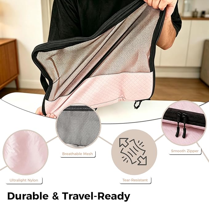 8-Piece Compression Packing Cubes for Travel, Stylish Luggage Organizer Set for Women, Space Saving Travel Essentials, Perfect for Vacation Cruise, Weekend Getaways & Carry-On Packing - Light Pink