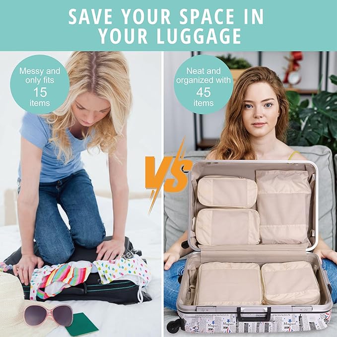 6/8 Sets Compression Packing Cubes for Travel, Bunnychill Portable Zipper Packing Cube for Cloting, Expandable Space Saver Storage Luggage Organizer Bags for Suitcases