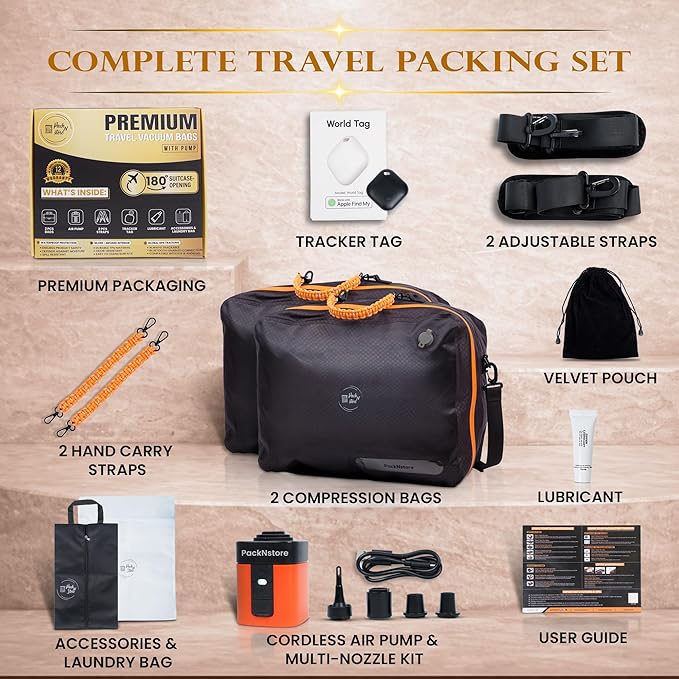 Premium Travel Vacuum Bags with Pump, 180° Open Carry on suitcase Compression Bags for Luggage, Reusable TPU Zipper Seal, Vacuum Bags for Travel with Pump, (2 Pack Compression Kit + Straps & Tracker)