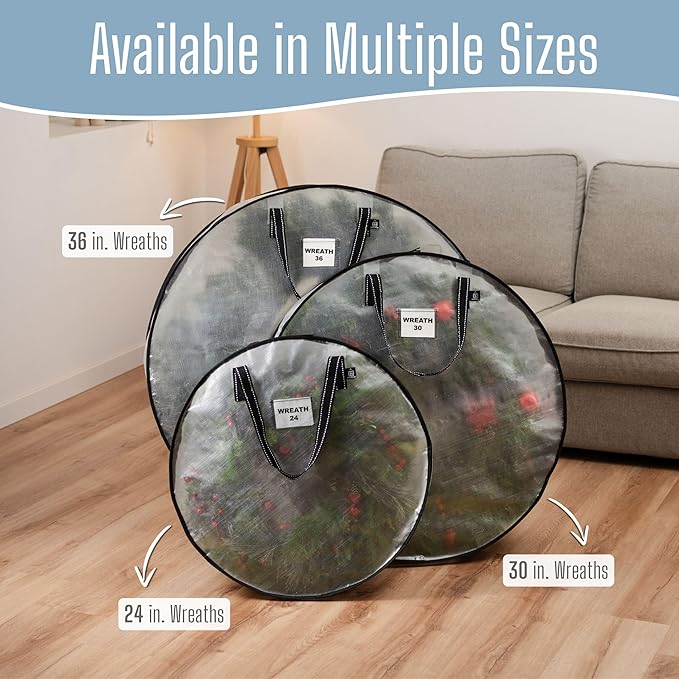 VENO 24 Inch Wreath Storage Container, 4 Pack Clear Round Christmas Wreath Storage Bag, Heavy Duty Clear Holder with Wall Hanging Handles