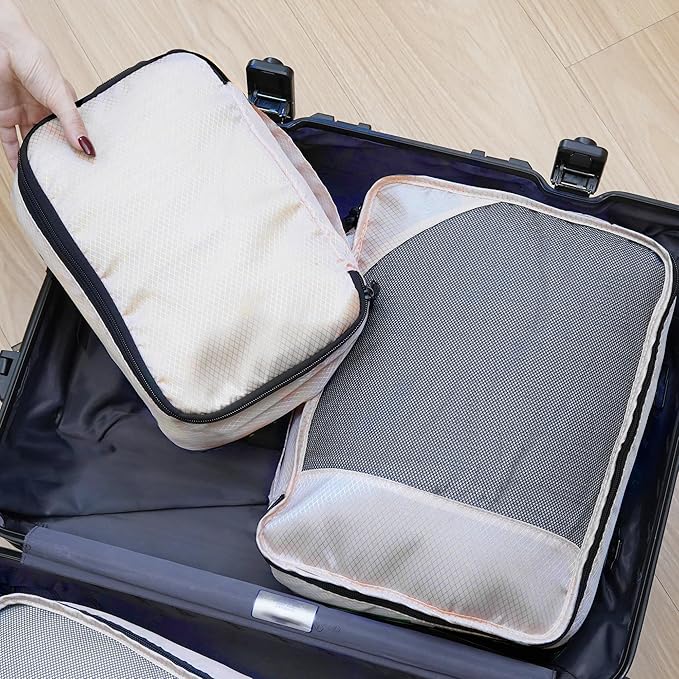 Toncoke 8-Piece Packing Cubes for Travel, Mesh Luggage Organizers with Shoe Bag, Toiletry Bag, Laundry Pouches, 4 Sizes (XL/L/M/S) for Suitcase Organization, Men Women Kids, Beige