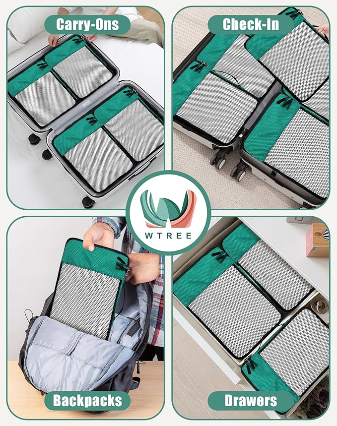 WTREE 4-Piece Packing Cubes Travel Accessories Set for Suitcases - Luggage Organizer Bags with Double Zipper - Mesh Top - Medium - Green