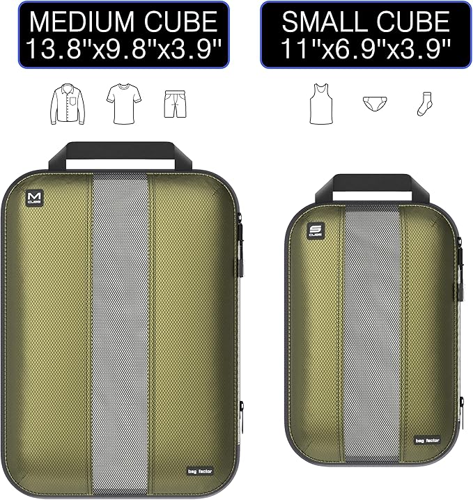 Premium Ultralight Compression Packing Cubes for Travel - Bag Factor Luggage Organizer Set (Double Sided Clean Dirty - Olive Green - 2 Set)