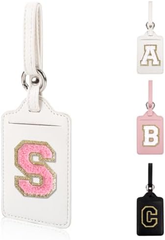 Personalized Initial Luggage Tags for Suitcases, Leather Chenille Letter Cute Luggage Tags with Privacy Name Card, Embroidered Travel Bag Backpack Tag Gifts for Women Kids Girls Teens(White-S) by XSUIOY