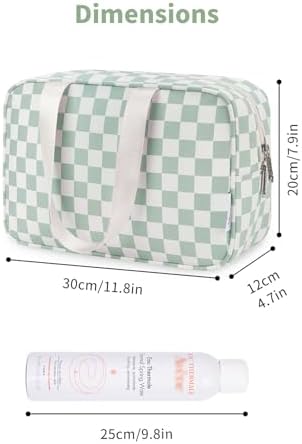 Narwey Large Capacity Travel Toiletry Bag Women, Checkered Makeup Bag with Handle, Portable Make up Cosmetic bag Organizer, Travel Bag for Toiletries, Skincare, Medicine, Essentials (Green Checker) - Image 4
