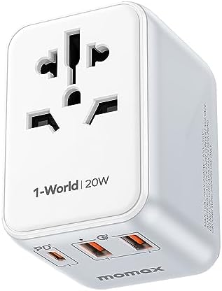 MOMAX Universal Travel Adapter, 20W+18W International Plug Adapter with 2 USB-A Quick Charging & 1 USB C PD Fast Charging,1 AC, All-in-one Wall Charger for USA EU UK AUS JP (Type C/A/G/I) by MOMAX