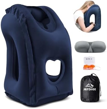 Inflatable Travel Pillow, Airplane Neck Pillow Comfortably Supports Head and Chin for Airplanes, Trains, Cars and Office Napping with 3D Eye Mask, Earplugs and Portable Drawstring Bag (Blue) by JEFDIEE