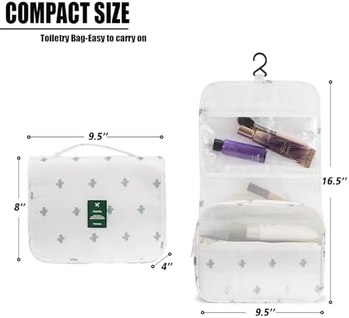 L&FY Hanging Toiletry Bag For Women-Portable Travel Toiletry Bag Water-resistant Makeup Organizer Bag For Cosmetic, Travel Toiletries, Accessories (White With Cactus) - Image 6