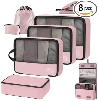 8-Piece Compression Packing Cubes for Travel, Stylish Luggage Organizer Set for Women, Space Saving Travel Essentials, Perfect for Vacation Cruise, Weekend Getaways & Carry-On Packing - Light Pink