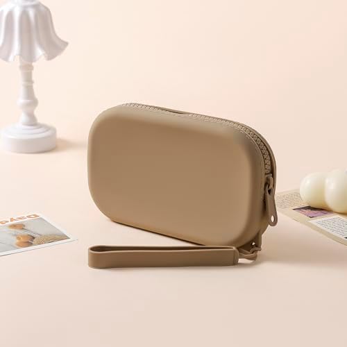 Small Silicone Multifunctional Essential Bag Portable Travel Makeup Bag for Women Men Cards Cash Bag Zipper Pouch (Khaki) - Image 3