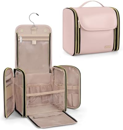 Hanging Toiletry Bag, PU Leather Makeup Bag Large Capacity with Jewelry Organizer for Brushes Set, Cosmetic Accessories, Pink by TBTOTRA