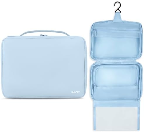 KAZAY Hanging Toiletry Bag with TSA Approved Detachable Pouch, COMPACT TRAVEL SIZE, Travel Toiletry Bag, Water Resistant, Premium Nylon, Travel Size Toiletries, Cosmetic Bag, Makeup Bag (Light Blue) by KAZAY