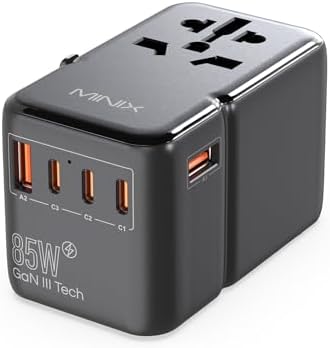MINIX 85W Universal Travel Adapter, GaN III International Power Adapter, 3 USB-C 2 USB-A Ports, AC Outlet, Worldwide US/UK/EU/AU Travel Charger for Laptops Tablets Phones and More by MINIX