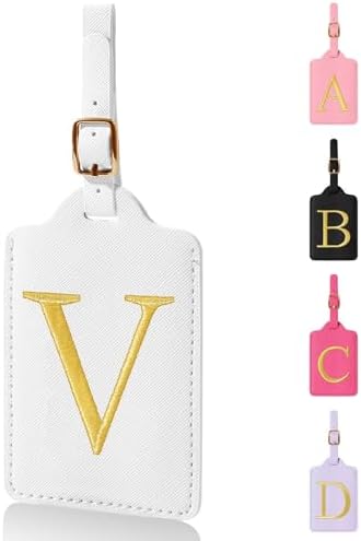 Personalized Initial Luggage Tags for Suitcases,Leather Letter Cute Luggage Tags with Privacy Name Card,Embroidered Monogrammed Travel Bag Backpack Tag Gifts for Women Kids Girls Teens(White-V) by XSUIOY