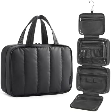 BAGSMART Travel Toiletry Bag for women, Portable Hanging Hook Makeup Bag Organizer, Waterproof Makeup Cosmetic Bag, for Full-Size Accessories, Toiletries,Black by BAGSMART