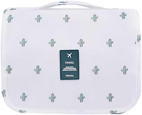 L&FY Hanging Toiletry Bag For Women-Portable Travel Toiletry Bag Water-resistant Makeup Organizer Bag For Cosmetic, Travel Toiletries, Accessories (White With Cactus) by LFY