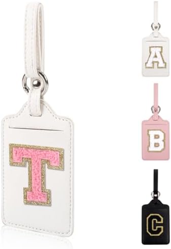 Personalized Initial Luggage Tags for Suitcases, Leather Chenille Letter Cute Luggage Tags with Privacy Name Card, Embroidered Travel Bag Backpack Tag Gifts for Women Kids Girls Teens(White-T) by XSUIOY