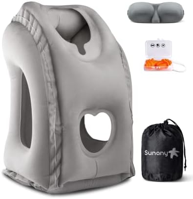 Sunany Inflatable Neck Pillow Used for Airplanes/Cars/Buses/Trains/Office Napping with Free Eye Mask/Earplugs (Gray) by Sunany