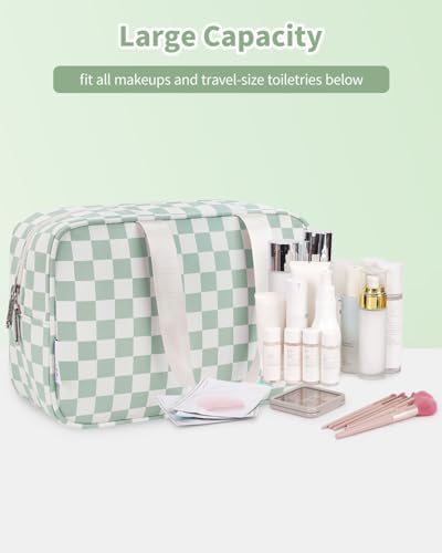 Narwey Large Capacity Travel Toiletry Bag Women, Checkered Makeup Bag with Handle, Portable Make up Cosmetic bag Organizer, Travel Bag for Toiletries, Skincare, Medicine, Essentials (Green Checker) - Image 6
