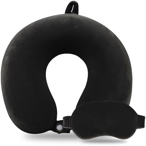 Sexysamba Pure Memory Foam Travel Pillow Set for Adults - Comfortable & Removable Machine Washable Cover, Neck Support Pillow Airplane Travel Kit with Eye Mask for Portable Plane Accessories - Black by Sexysamba