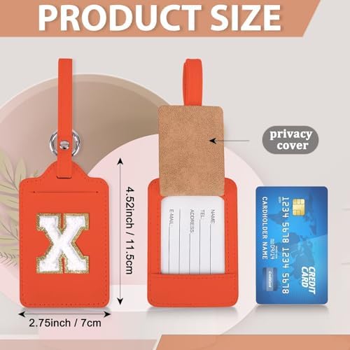 Personalized Initial Luggage Tags for Suitcases, Leather Chenille Letter Cute Luggage Tags with Privacy Name Card, Embroidered Travel Bag Backpack Tag Gifts for Women Kids Girls Teens(Orange-X) - Image 2