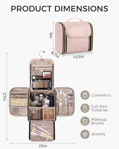 Hanging Toiletry Bag, PU Leather Makeup Bag Large Capacity with Jewelry Organizer for Brushes Set, Cosmetic Accessories, Pink - Image 4