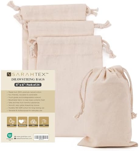 4" x 6" Premium 100% Cotton Drawstring Pouches, 24 Pack, 140 GSM Reusable Gift Sacks for Jewelry, Soap, Candles, Wedding & Party Favors, Small Storage Organizers, Eco-Friendly Packaging by Unknown