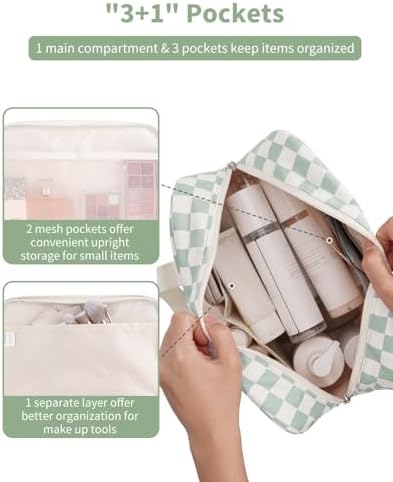 Narwey Large Capacity Travel Toiletry Bag Women, Checkered Makeup Bag with Handle, Portable Make up Cosmetic bag Organizer, Travel Bag for Toiletries, Skincare, Medicine, Essentials (Green Checker) - Image 2