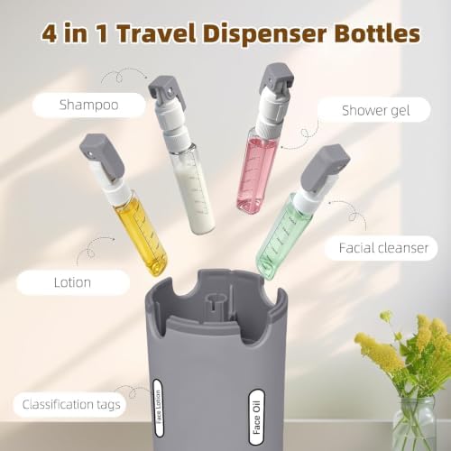 4 in 1 Travel Dispenser Bottle, Leakproof Travel Size Toiletries Holder, Refillable Portable Containers for Shampoo Lotion Conditioner Cream Transparent with Label (Grey) - Image 4