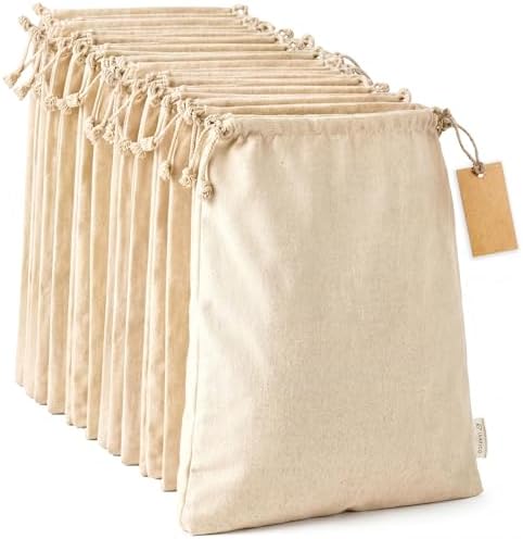 LEAFICO Multipurpose Eco Cloth Bags - Large 10x12 Inch (12 Pack) - Cotton Produce Storage Sacks - Muslin Drawstring Pouches for Vegetables - Bread Bags - Fabric Sachets by Leafico