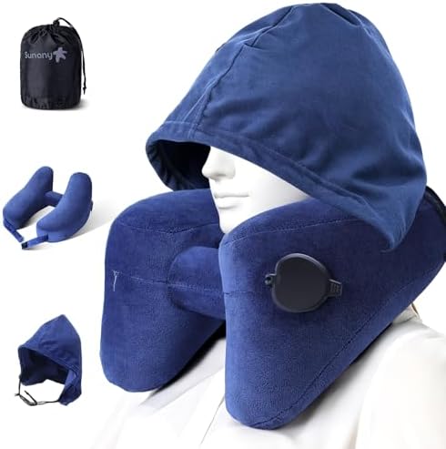 Sunany Travel Neck Pillow for Airplane Pillow Comfortably Supports Head, Neck and Chin, Inflatable Travel Pillow with Soft Velour Cover and Portable Drawstring Bag (Dark Grey, H-Shape) by Sunany