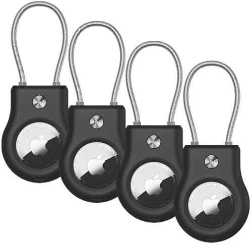 AirTag Holder 4 Pack - Air tag Lock Case with Wire Cable Compatible with Apple AirTags, Ultra Durable Anti-Lost Protective Case with Keyring for Luggage, Key, Backpack, Pet（Black） by Fiuned