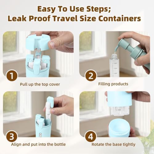 4 in 1 Travel Dispenser Bottle, Leakproof Travel Size Toiletries Holder, Refillable Portable Containers for Shampoo Lotion Conditioner Cream Transparent with Label (Blue) - Image 2