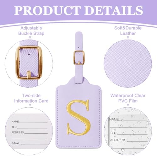Personalized Initial Luggage Tags for Suitcases,Leather Letter Cute Luggage Tags with Privacy Name Card,Embroidered Monogrammed Travel Bag Backpack Tag Gifts for Women Kids Girls Teens(Purple-S) - Image 2