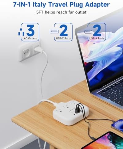 Italy Travel Plug Adapter with 3FT Extension Cord, meta-ant Italy Power Adapter with 3 American Outlets 4 USB Ports(2 USB-C), Type L Adapter for US to Italy Chile Ethiopia Libya Syria Tunisia Uruguay - Image 5