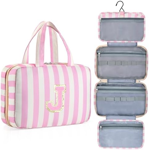 Personalized Travel Hanging Toiletry Bag & Makeup Bag Striped Pink J by Unknown