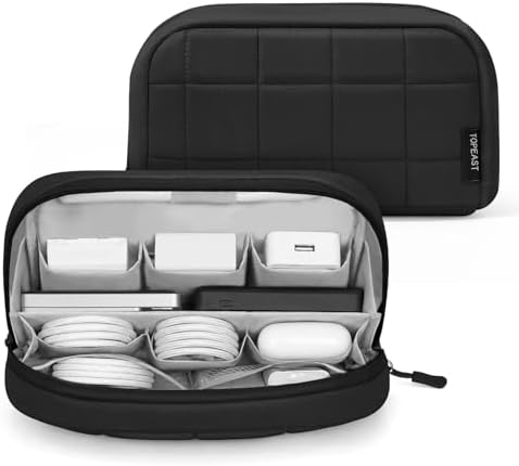 TOPEAST Quilted Cable Organizer Bag, Soft Tech Pouch & Travel Electronics Case with Elastic Pen Loop, Tangle-Free Cord Organizer for Women, Office Desk, AirPods, Chargers & Accessories, Black by TOPEAST