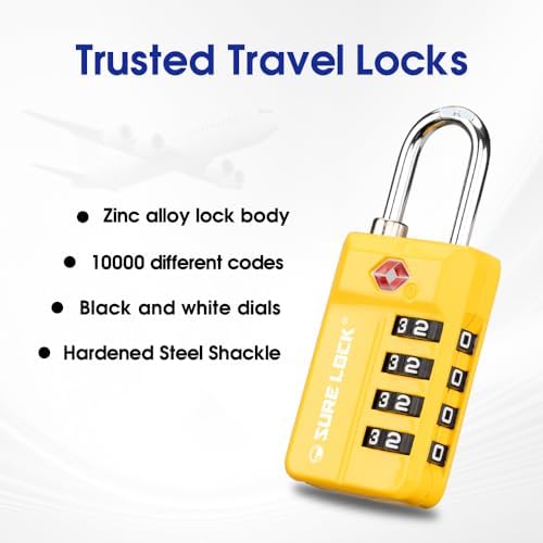 SURE LOCK TSA Approved 4-Digit Resettable Combination Luggage Lock with Open Alert, Easy-Read Dials - for Luggage, School Lockers, Gym, Office, Toolbox & Security Cases(Yellow 1PACK) - Image 3