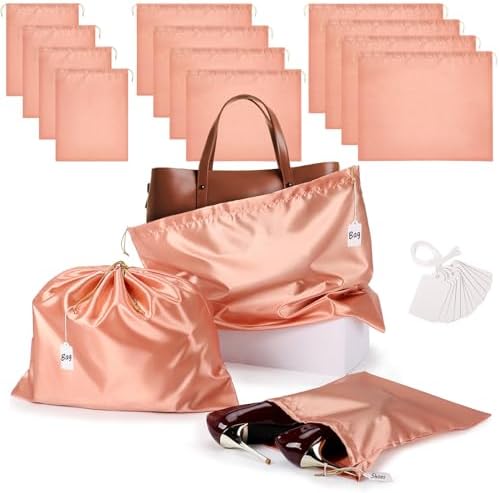Ewen Pack of 12 Satin Drawstring Dustbags with Blank Tags, Dustproof Packing Pouch Set in Small Medium Large for Travel Essentials, Pink Orange Silk Bag for Handbags Clothes Purse Organization Storage by Ewen