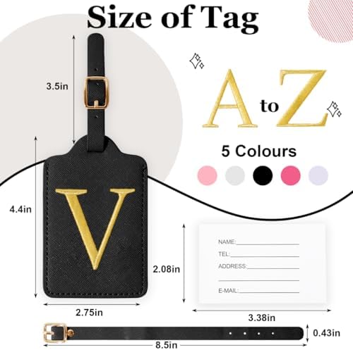 Personalized Initial Luggage Tags for Suitcases,Leather Letter Cute Luggage Tags with Privacy Name Card,Embroidered Monogrammed Travel Bag Backpack Tag Gifts for Women Kids Girls Teens(Black-V) - Image 2