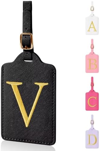 Personalized Initial Luggage Tags for Suitcases,Leather Letter Cute Luggage Tags with Privacy Name Card,Embroidered Monogrammed Travel Bag Backpack Tag Gifts for Women Kids Girls Teens(Black-V) by XSUIOY