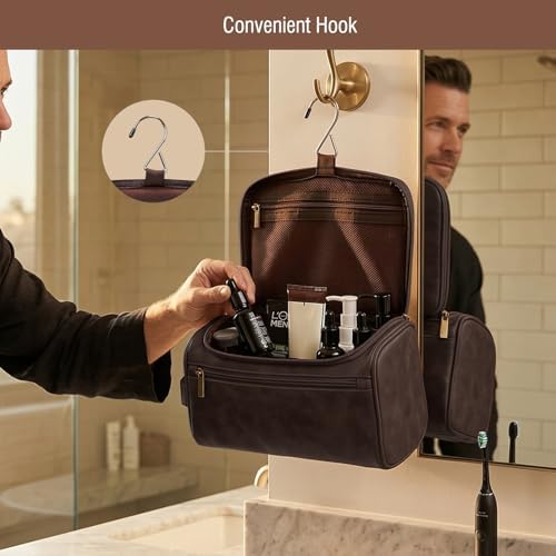 Travel Toiletry Bag Hanging For Mens PU Leather - Dark Brown (Initial K) - Image 4