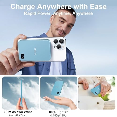 Magnetic Portable Charger 5000mAh, 15W Ultra Slim Wireless Portable Charger, Fast Charging for iPhone 17/16/15/14/13/12 Pro/Pro Max/Plus, Metal Shell, USB-C Cable to Charge Other Phones (Blue) - Image 6