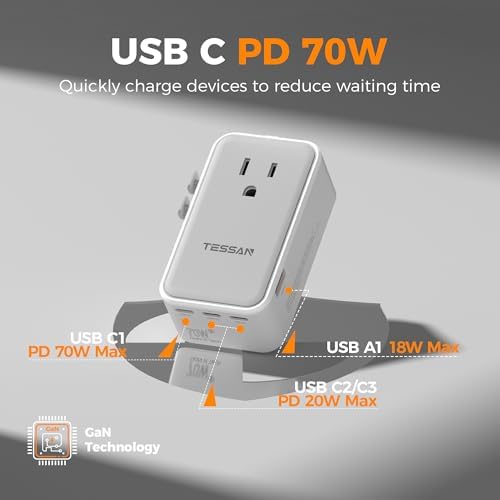 TESSAN Universal Travel Adapter 70W, Type C G A I - Image 3