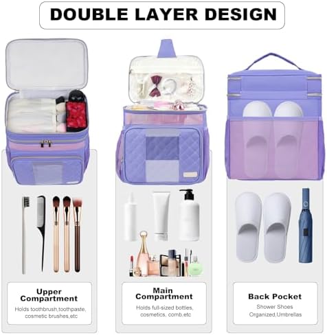 Portable Shower Caddy College Dorm Essentials, Large Toiletry Bag for Women Men, 2 Layers Quickly Dry Mesh Bathroom Tote Bag, Hanging Makeup Organizer Bag for Travel, Gym, Camping (Purple) - Image 5