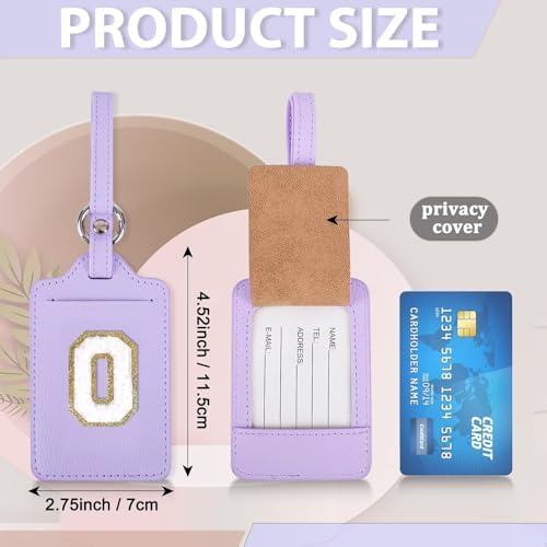 Personalized Initial Luggage Tags for Suitcases, Leather Chenille Letter Cute Luggage Tags with Privacy Name Card, Embroidered Travel Bag Backpack Tag Gifts for Women Kids Girls Teens(Purple-O) - Image 2