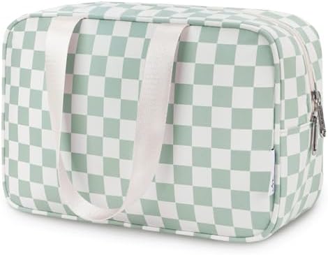 Narwey Large Capacity Travel Toiletry Bag Women, Checkered Makeup Bag with Handle, Portable Make up Cosmetic bag Organizer, Travel Bag for Toiletries, Skincare, Medicine, Essentials (Green Checker) by Narwey