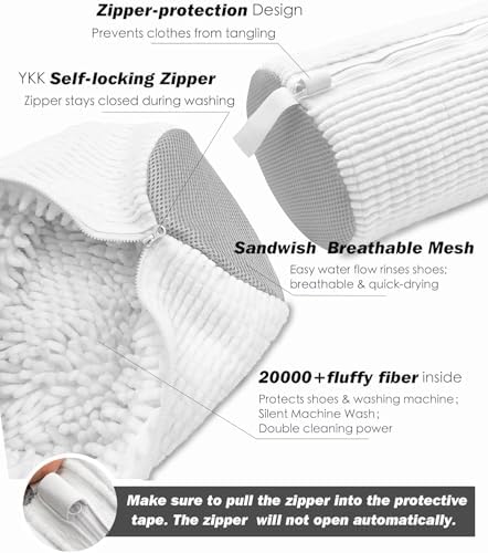 Shoe Washing Machine Bag,Laundry Shoe Bag for Washer and Dryer,Reusable Shoe Cleaning Bag for Sneakers,Tennis Shoes,With Self-locking Zipper, Microfiber Inside (Lite White - 2 Pack) - Image 3